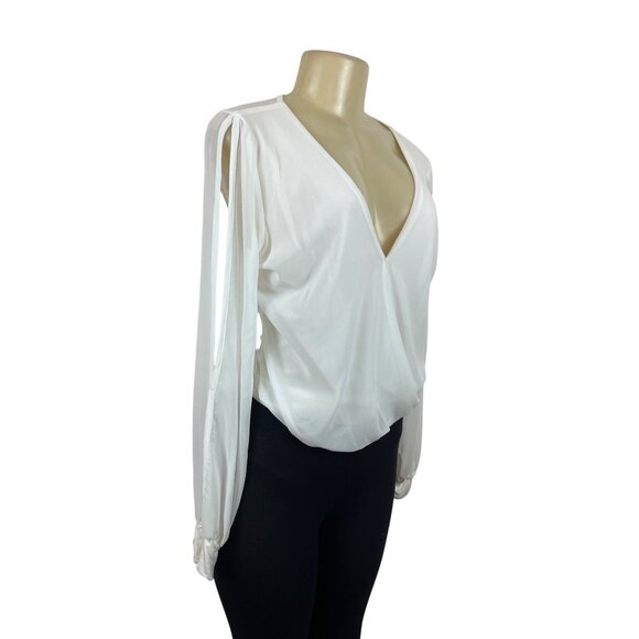 Arden B. Womens Long Sleeve V-Neck White Drape Top Sz S - Picture 3 of 10